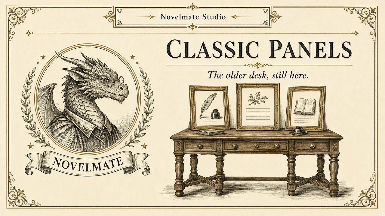 A wooden desk with three framed note panels