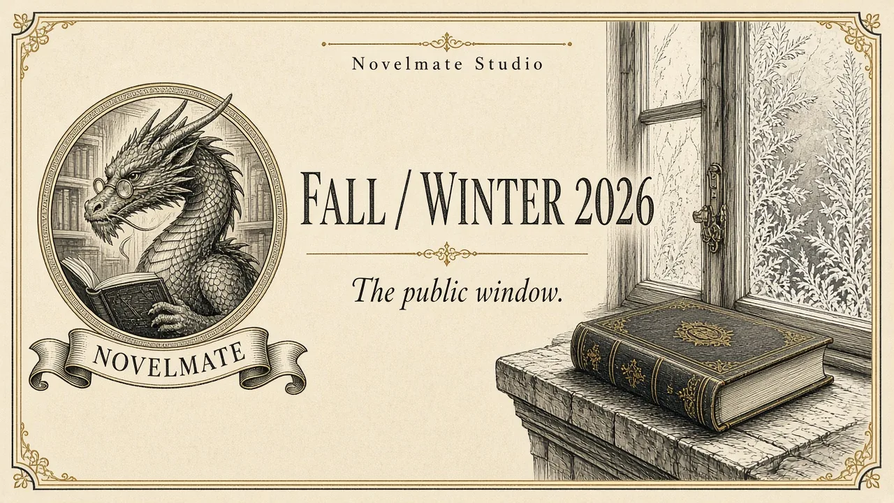 A frost-edged window and a finished book, labeled Fall / Winter 2026