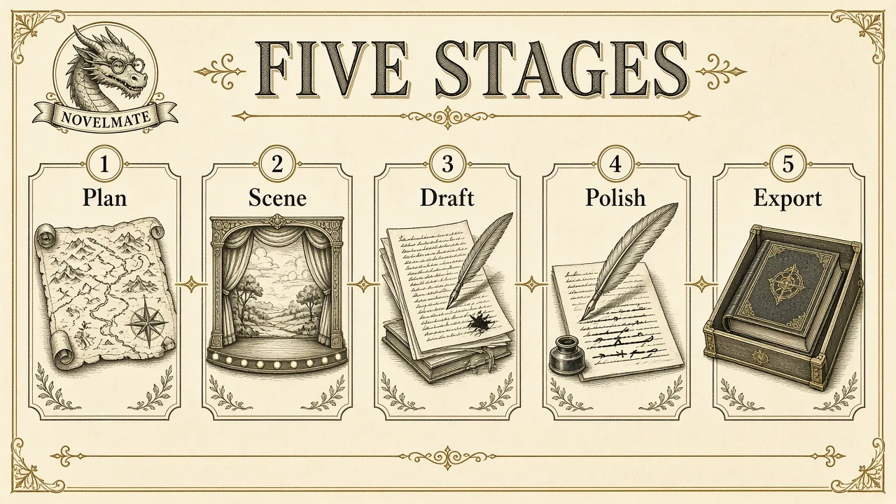 Engraved infographic of plan, scene, draft, polish, and export