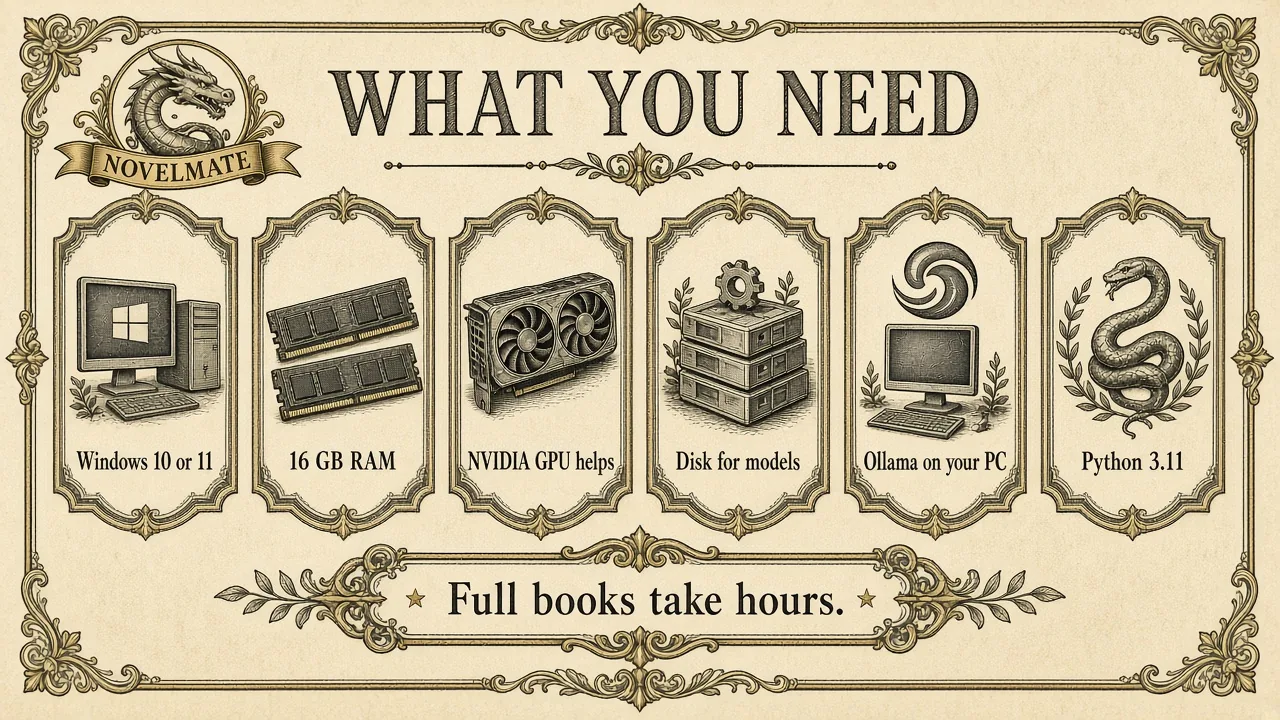 What you need: Windows 10 or 11, 16 GB RAM, an NVIDIA GPU helps, disk for models, Ollama on your PC, Python 3.11. Full books take hours.